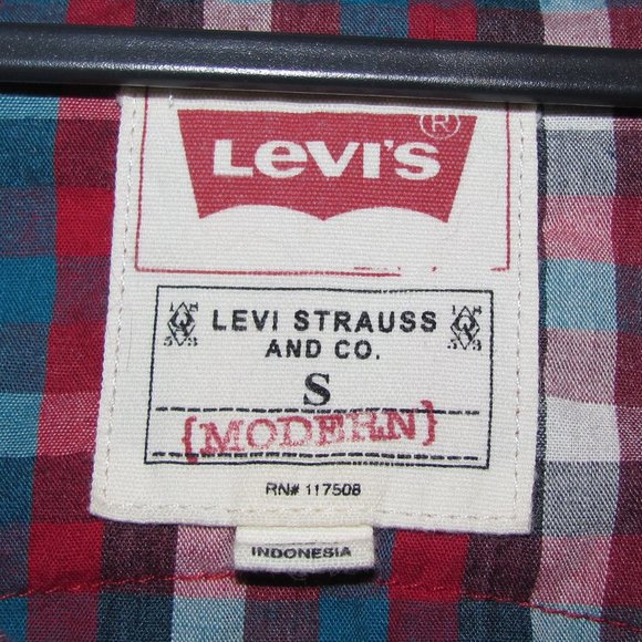 Mens' Levi's Pearl Snap Western Red White Blue Plaid Long Sleeve Shirt Small - Picture 8 of 10